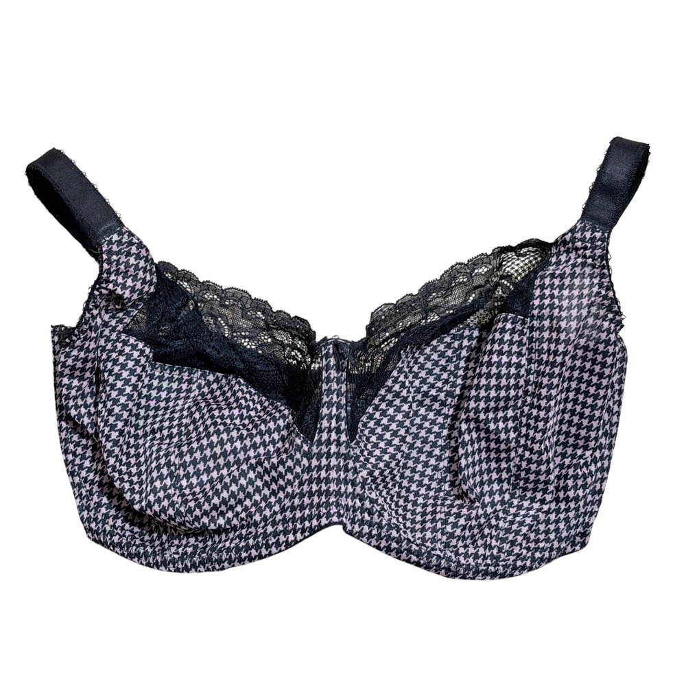 Panache Jasmine Balconnet Bra 36M Black Pink Houndstooth Lace Trim Underwire